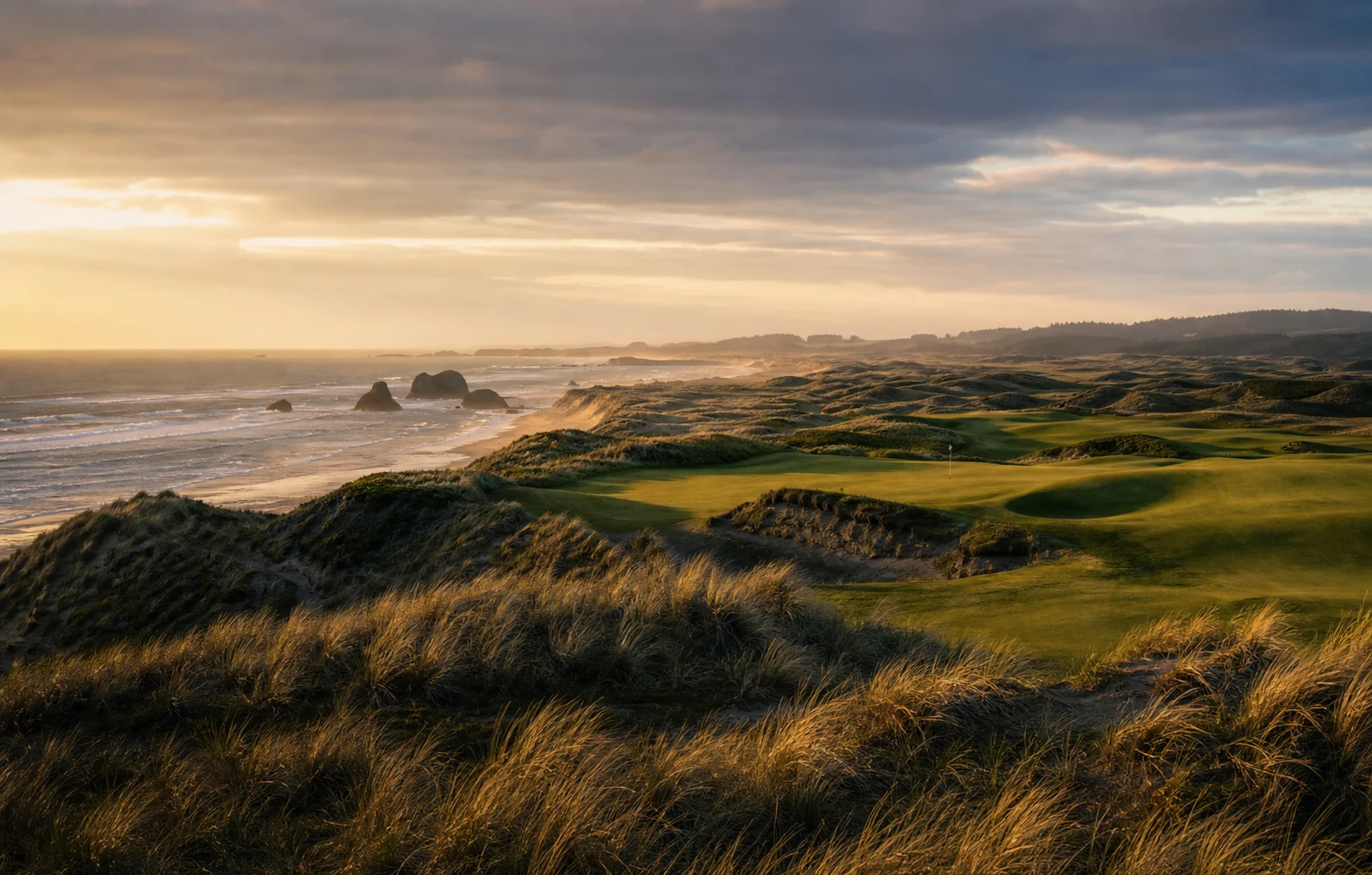 AI-generated Bandon Dunes-inspired coastal links golf destination scene on the Oregon Coast