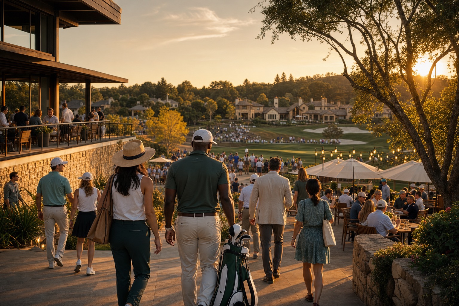 Golf fans, friends, and family walking toward dining and local experiences near an event venue