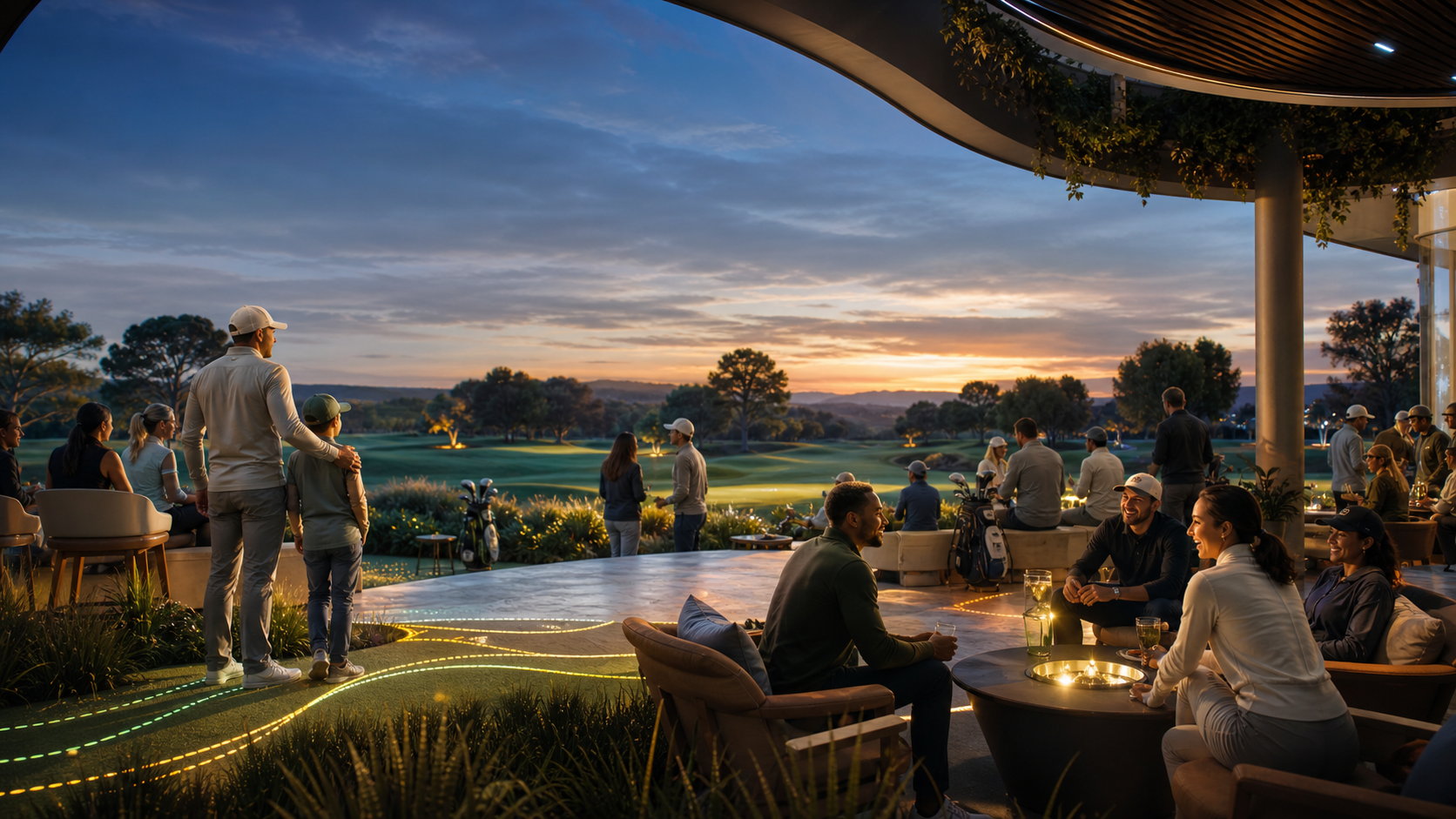 Golfers, fans, family, and friends gathered at a clubhouse terrace