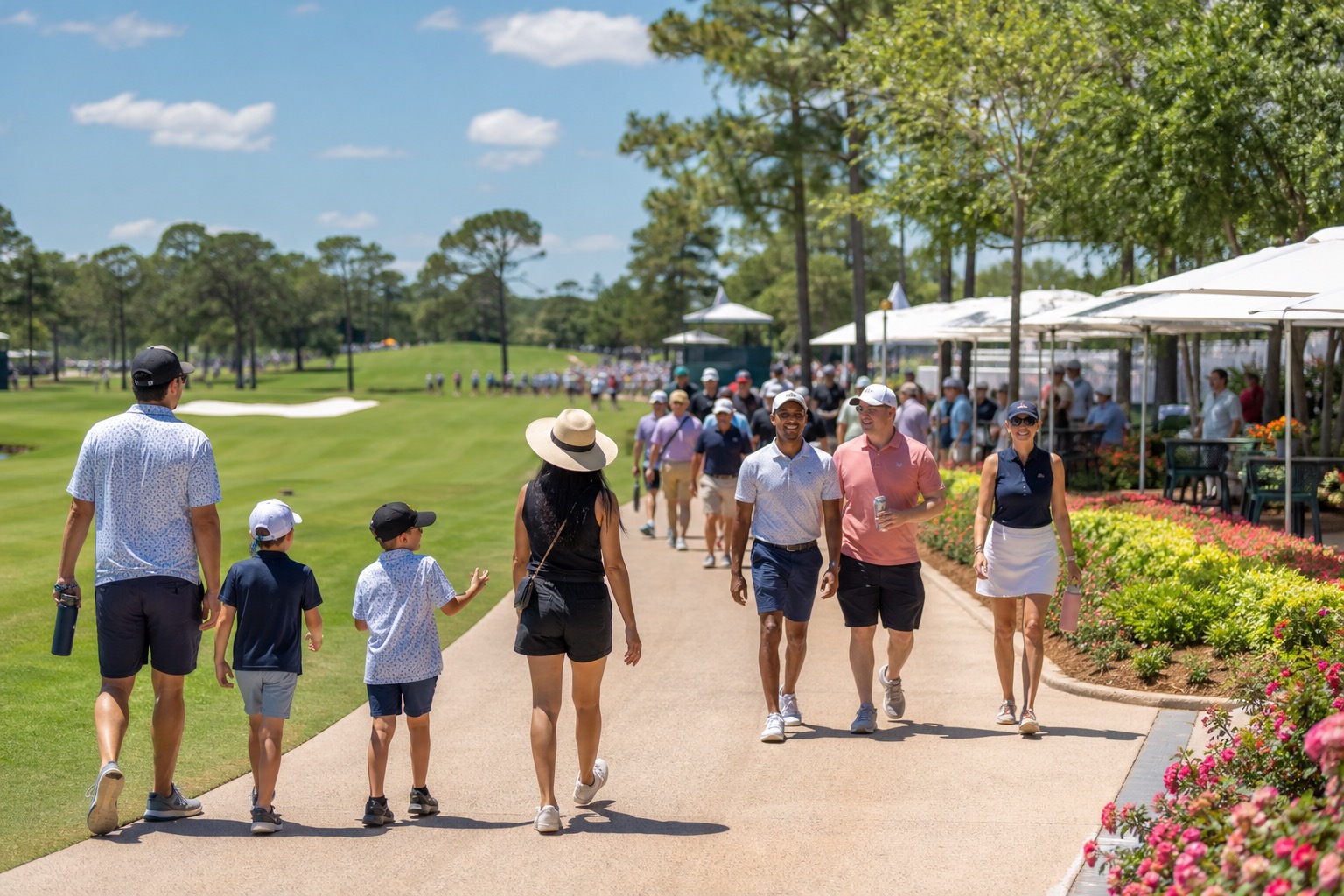Golfers fans family and friends sharing a course walkway