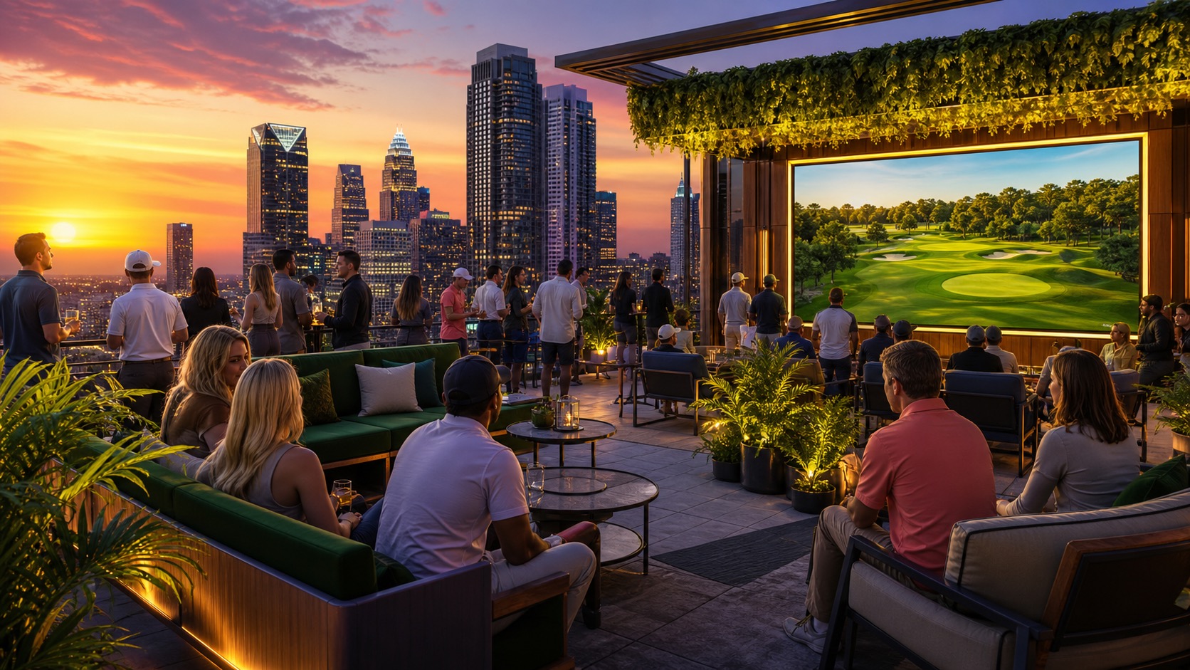Golf clubhouse community watch party with fans and friends
