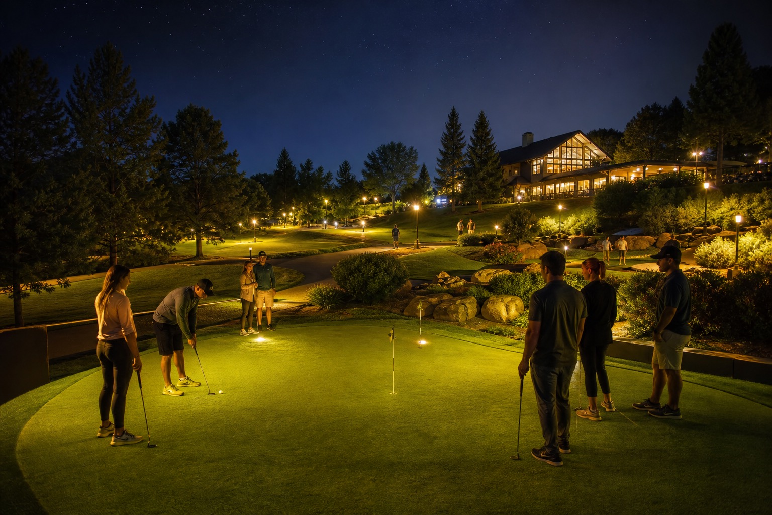 Putting green under evening light.