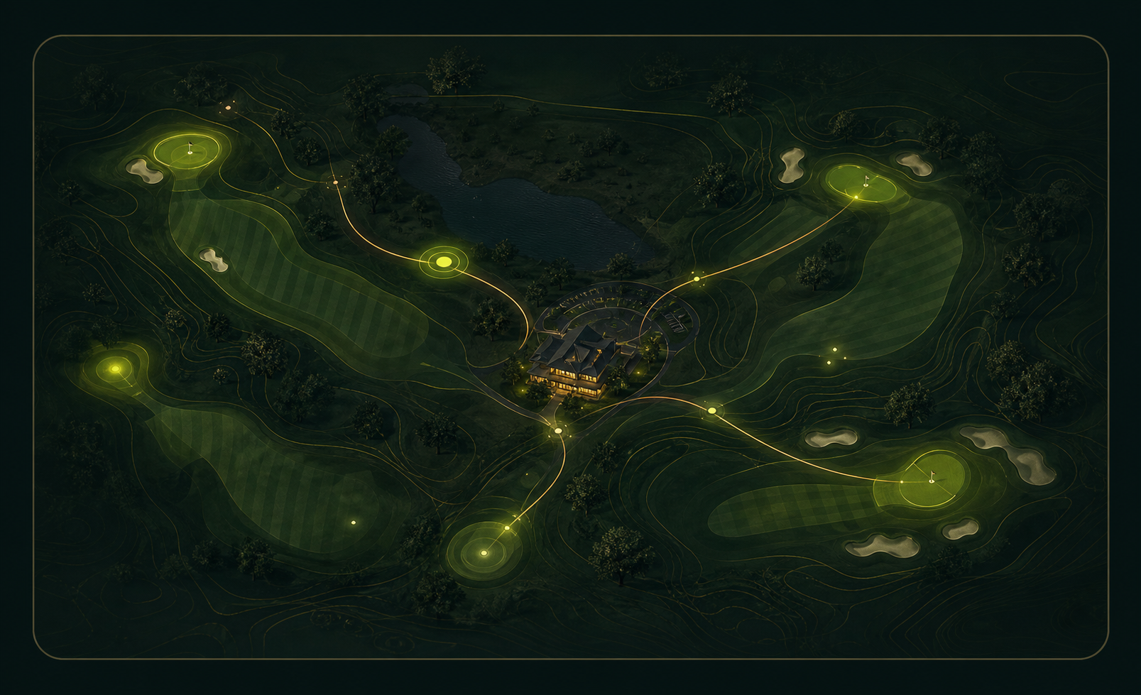 Course route map with clubhouse, fairways, and local golf signal paths